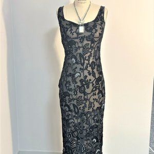 LONG SILK & RAYON DEVORE BLACK/SILVER 1920'S STYLE DRESS